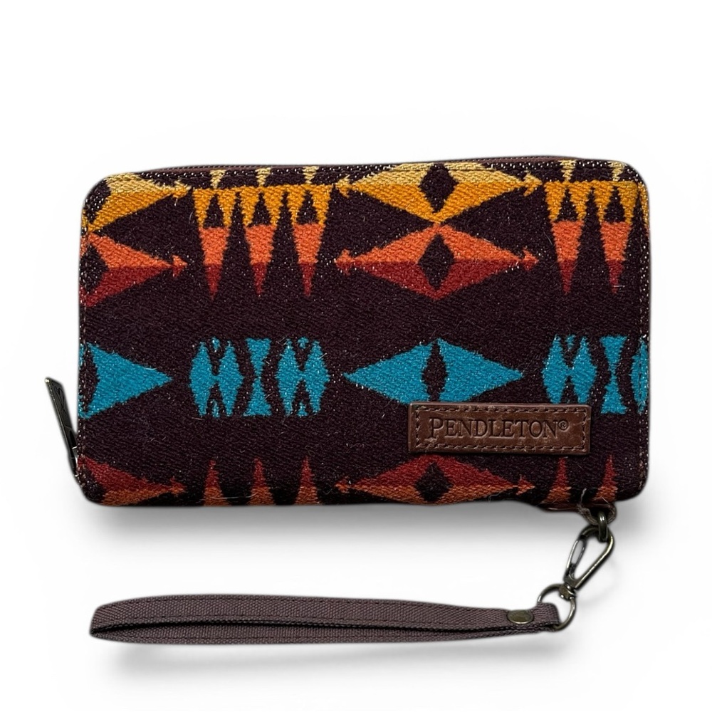 Pendleton Brown Wallet with Teal, Rust & Gold Geometric Pattern - Picture 2 of 11